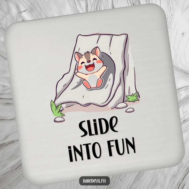 Funny Drink Coaster with a bold animal character sliding down a chute with delight, protecting surfaces with humor.