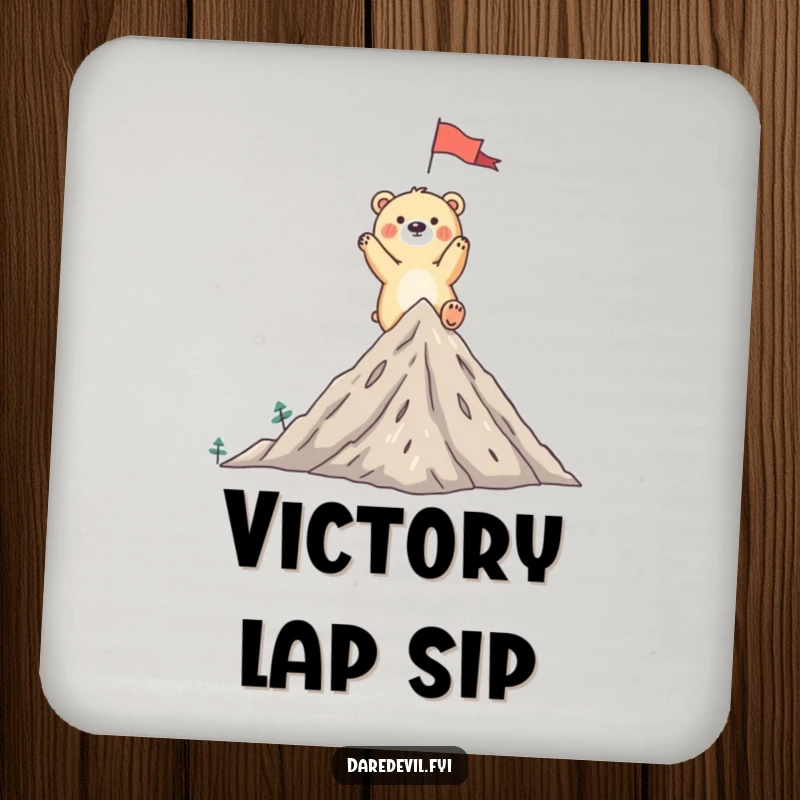 Funny bear drink coasters showcasing a whimsical bear triumphantly planting a flag on a tiny mountain peak, symbolizing victory.