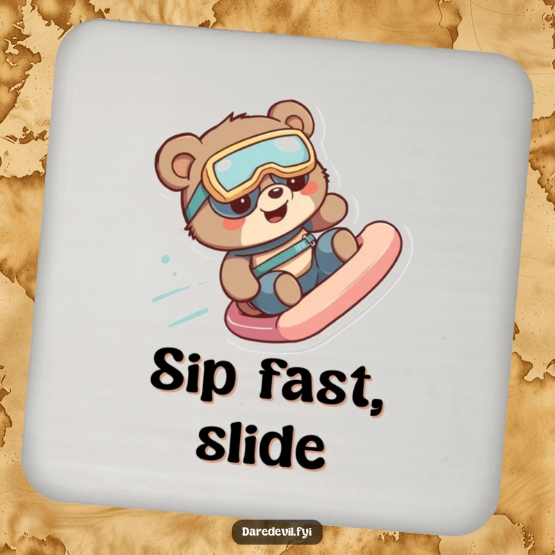 Funny bear with goggles speeds down a slide, protecting surfaces with hilarious flair on a funny coaster.
