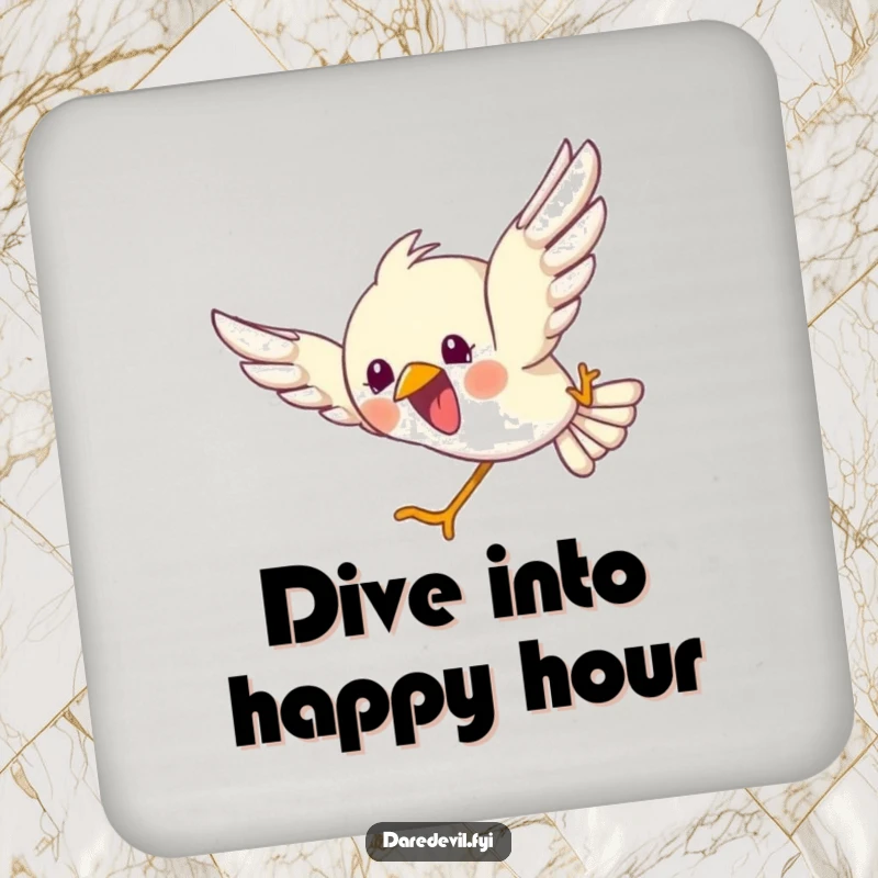 Funny drink coaster showing a bird joyfully diving headfirst with wings spread, adding a splash of fun to any surface.