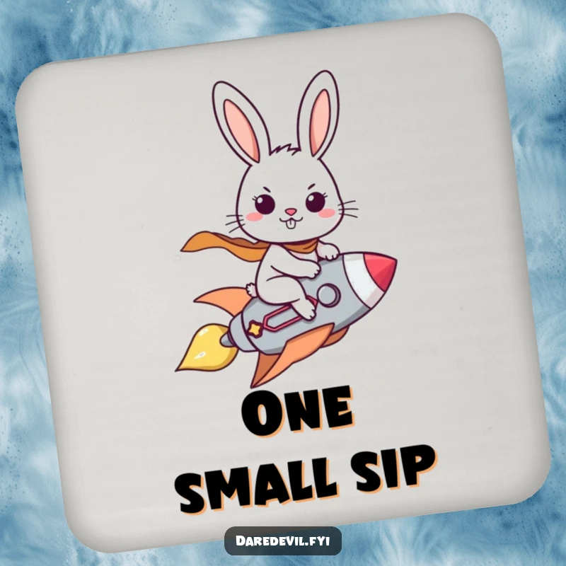 Funny drink coaster showing a brave rabbit character riding a small rocket with a determined grin, protecting surfaces from drinks.