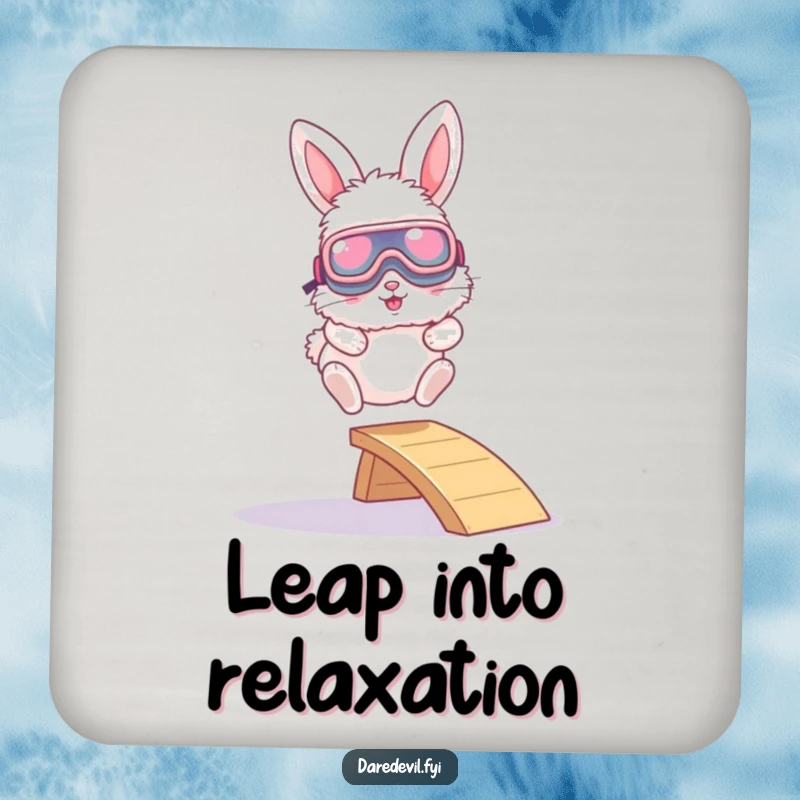 Funny coaster showing a fluffy bunny with large goggles leaping from a tiny ramp, protecting surfaces with extreme flair.