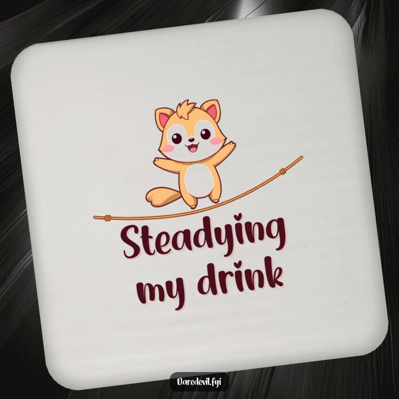 Funny Coaster Set showcasing a daring animal character happily balancing on a tightrope, protecting surfaces with humor.