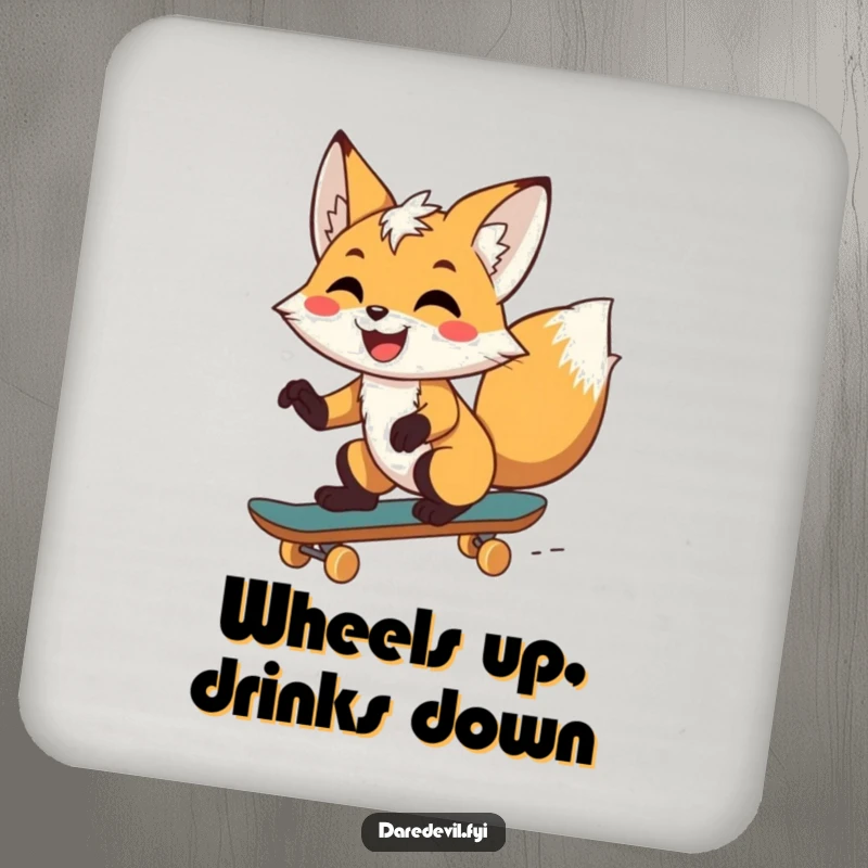 Funny fox with a wide grin, performing tricks on a skateboard, protecting surfaces with style, a fun addition to any table.