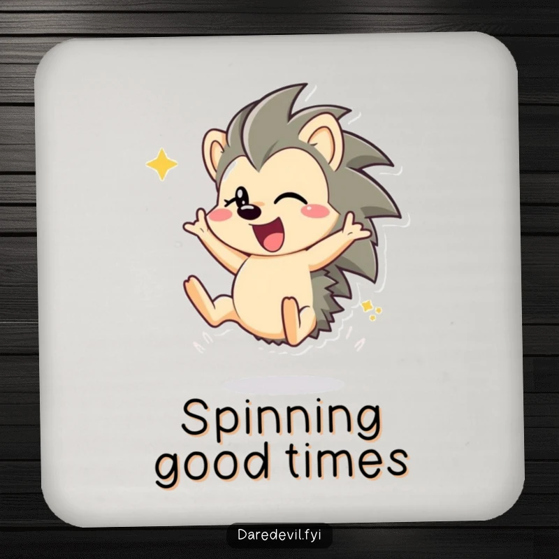 Funny hedgehog character performing a somersault on a round drink coaster, adding a humorous touch to beverage service.