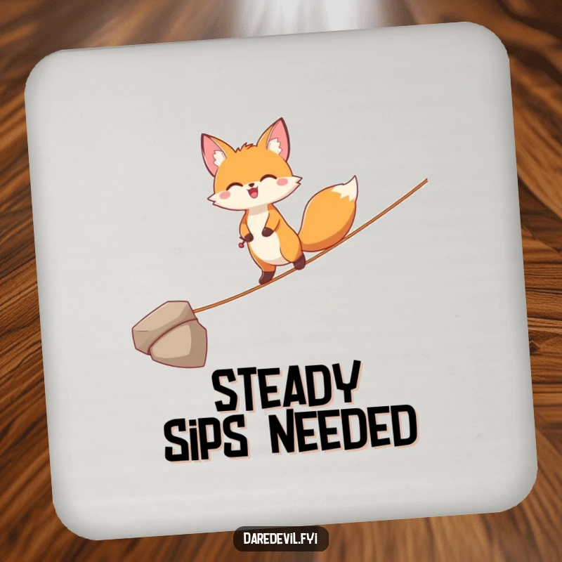 Funny Fox Coaster: A joyful fox character balances on a thin tightrope, adding artistic flair and protection to surfaces.