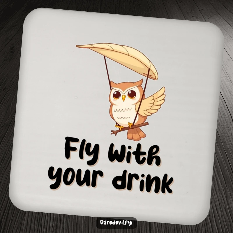 Funny drink coaster depicting a contented owl character paragliding using a large feather, adding a touch of serene whimsical humor.