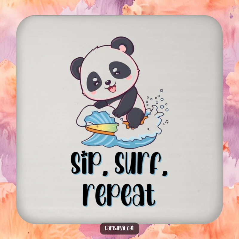 Funny Coasters featuring a smiling panda attempting to surf a tiny, crashing wave, protecting surfaces with a humorous ocean theme.