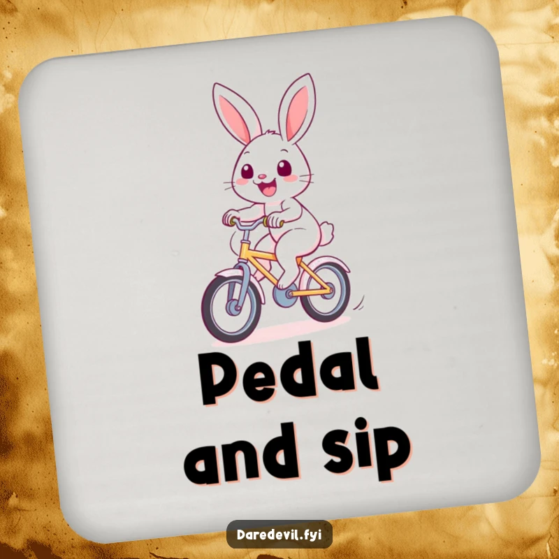 Funny rabbit coaster with a cheerful bunny riding a fast bicycle, protecting surfaces with playful charm.