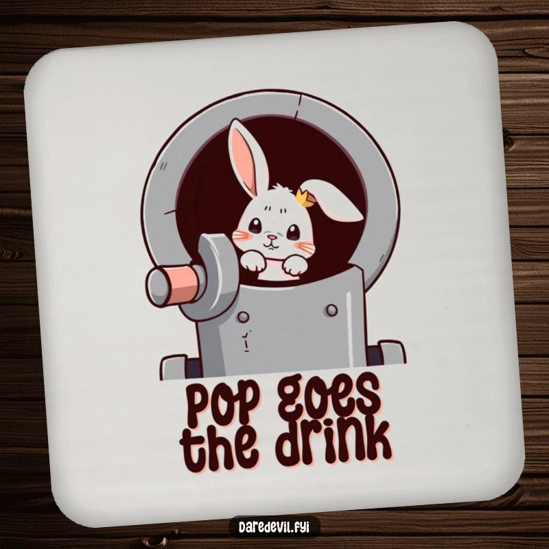 Funny rabbit coaster showing a curious rabbit peeking out of a cannon, ready for a surprising landing.