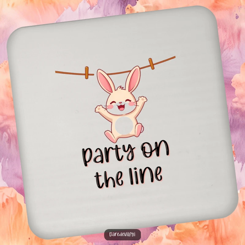 Funny cheerful rabbit swings wildly from a clothesline, adding playful fun to a funny coaster.
