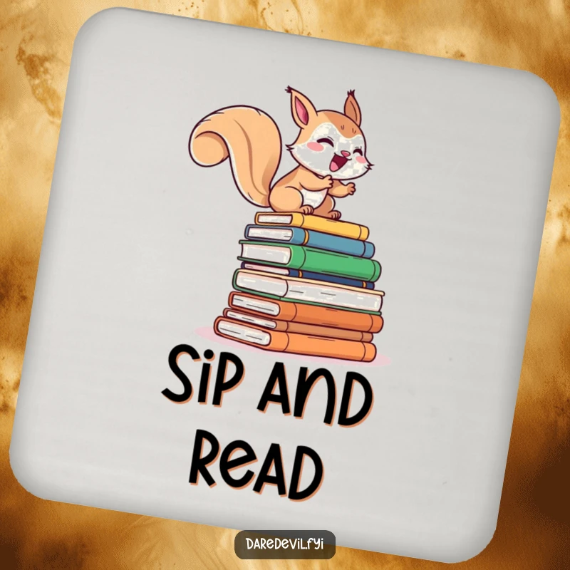 Funny drink coaster depicting a giggling squirrel character rapidly climbing a tall stack of books, adding a touch of literary humor.