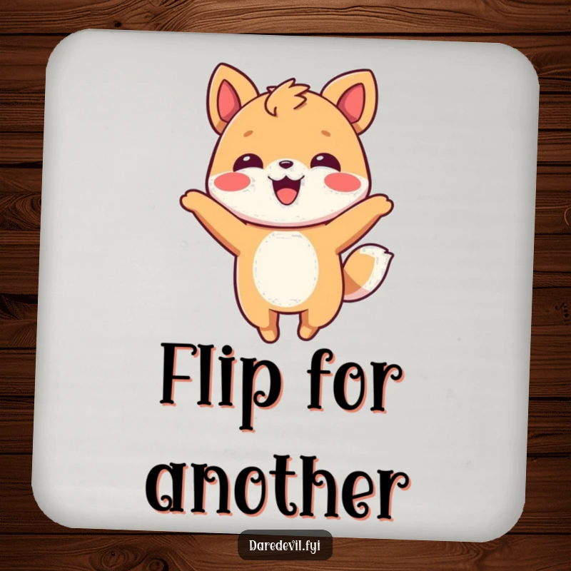 Funny Coaster showcasing a smiling animal character performing a playful flip in the air, protecting surfaces with joy.