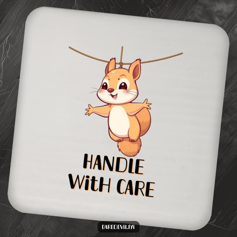 Funny squirrel drink coasters showcasing a perky squirrel dangling precariously by a thread, paws outstretched in a humorous, attention-grabbing display.