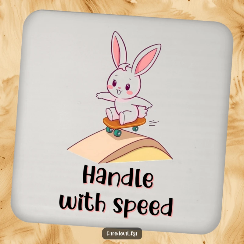 Funny bunny character performing a skateboard stunt on a ramp, adding a humorous and protective touch to a drink coaster design.