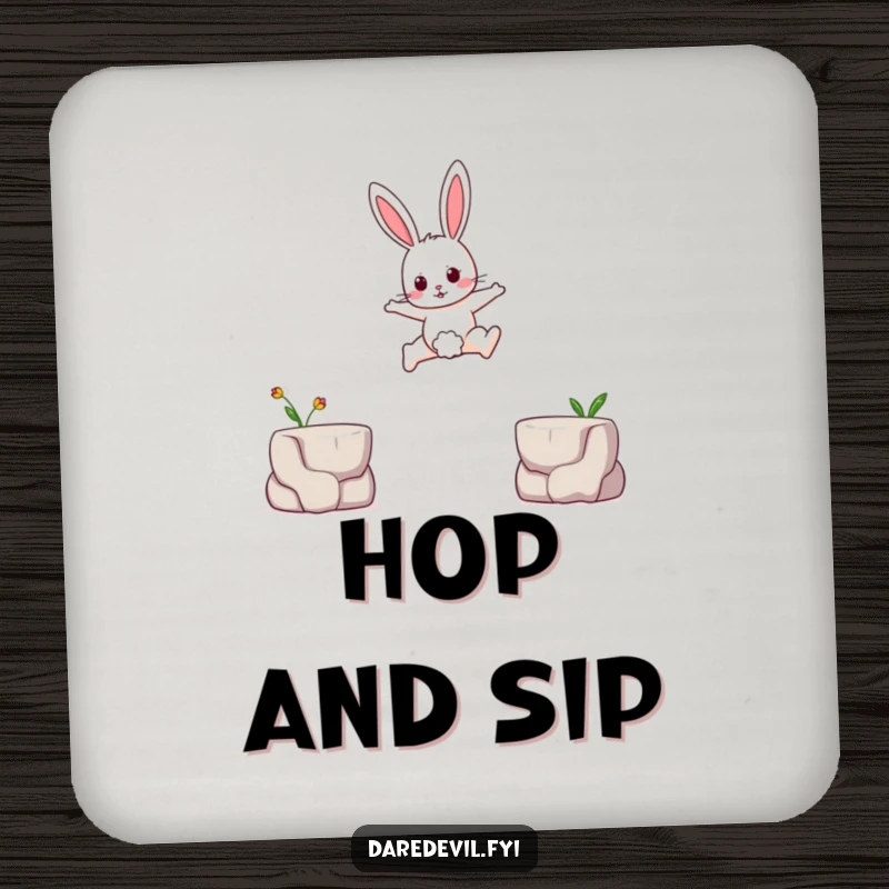 Funny drink coaster featuring a brave rabbit character leaping across a small gap between two tiny platforms, a charming and humorous accessory.