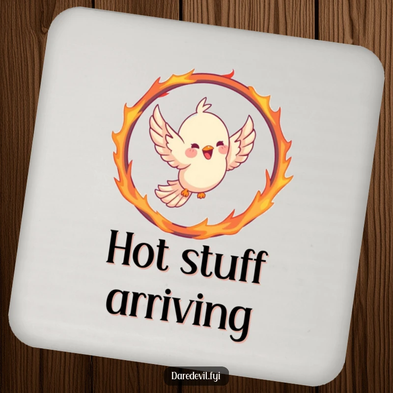 Funny bird drink coasters showcasing a joyful bird soaring through a hoop shaped like a fiery ring, symbolizing courage and flight.