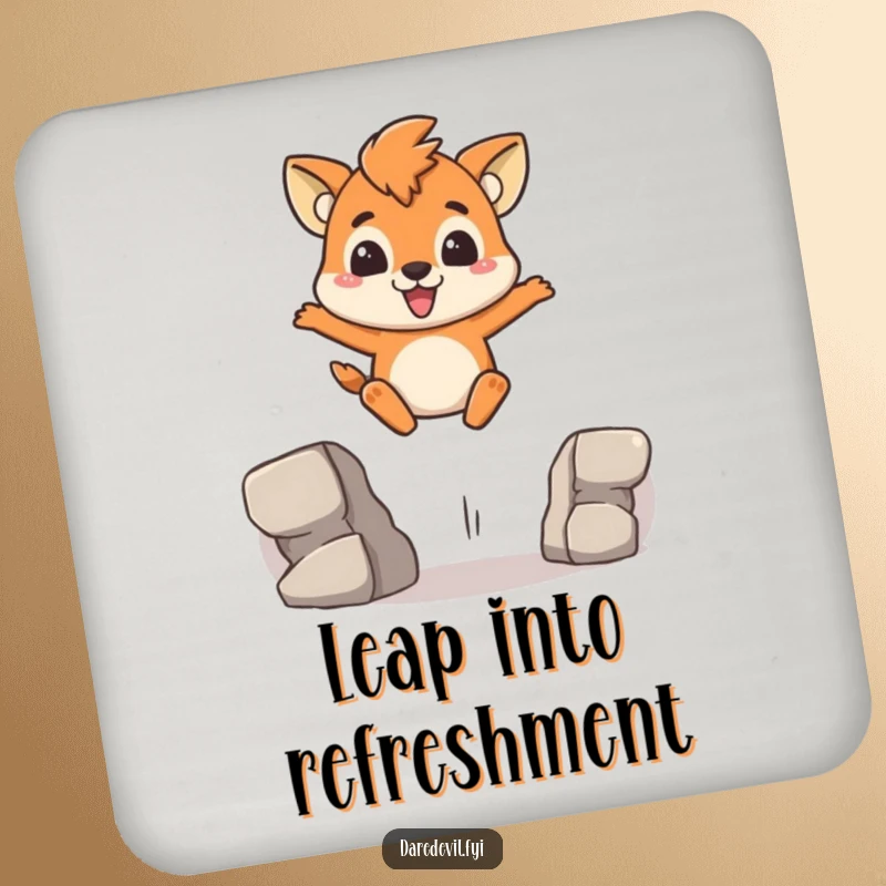 Funny Coaster showcasing a brave animal character leaping over a gap with a determined grin, protecting surfaces with courage.