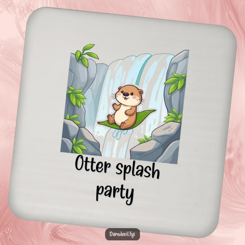 Funny otter character sliding down a waterfall on a leaf, a humorous and charming design for coasters.