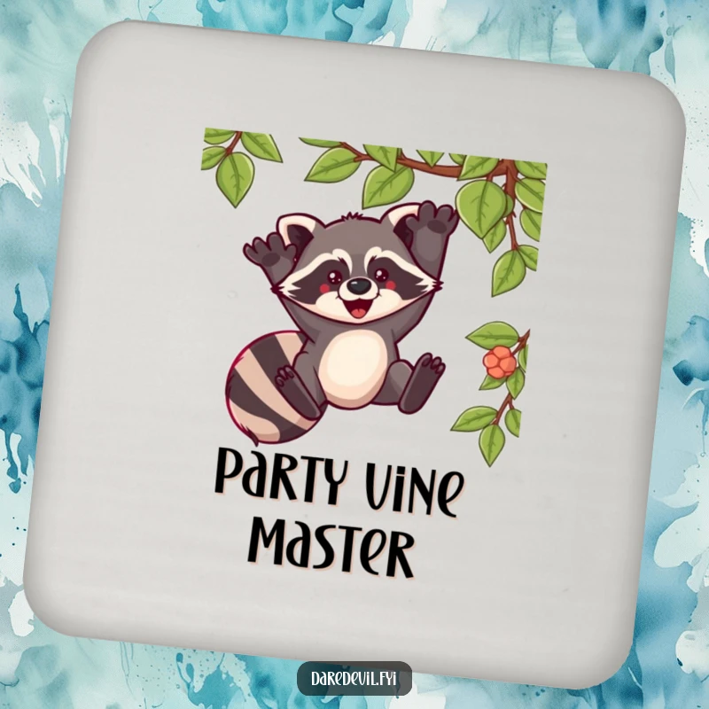 Funny drink coaster showing a raccoon swinging from a vine with pure exhilaration, protecting surfaces humorously.