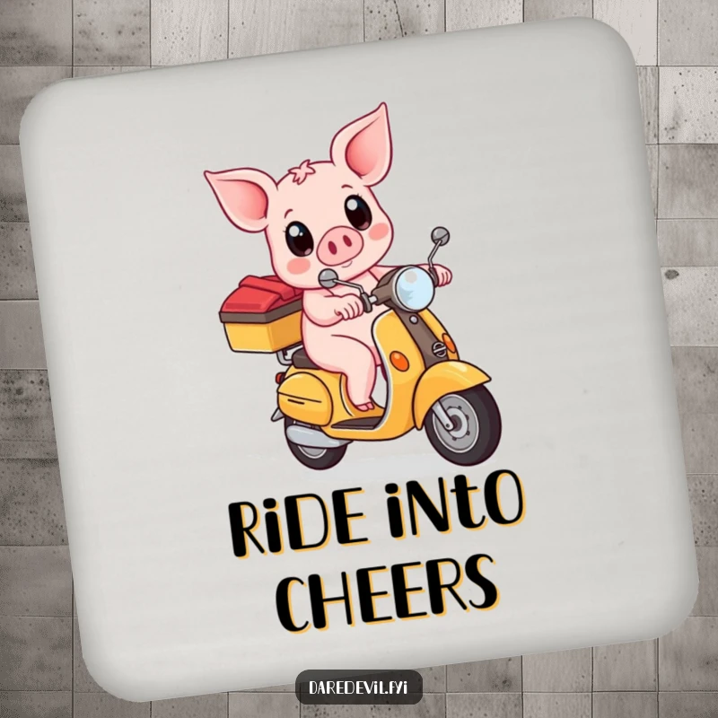 Funny piglet bravely riding a scooter with wide eyes, featured on protective drink coasters, adding humorous flair.