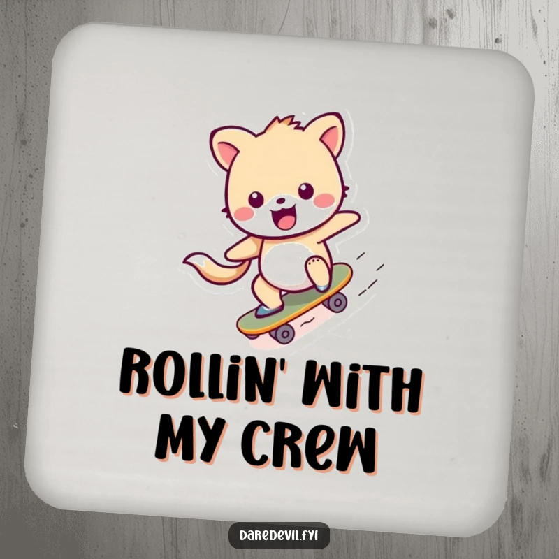Funny Coaster showcasing a cheerful animal character speeding down a skateboard ramp, protecting surfaces with a smile.