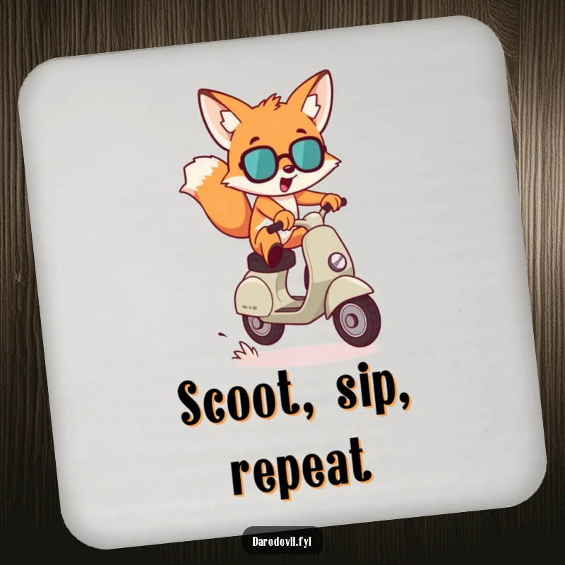 Funny Coaster: A mischievous fox character leaps dramatically over a small gap on a scooter, a humorous coaster for your tabletop.