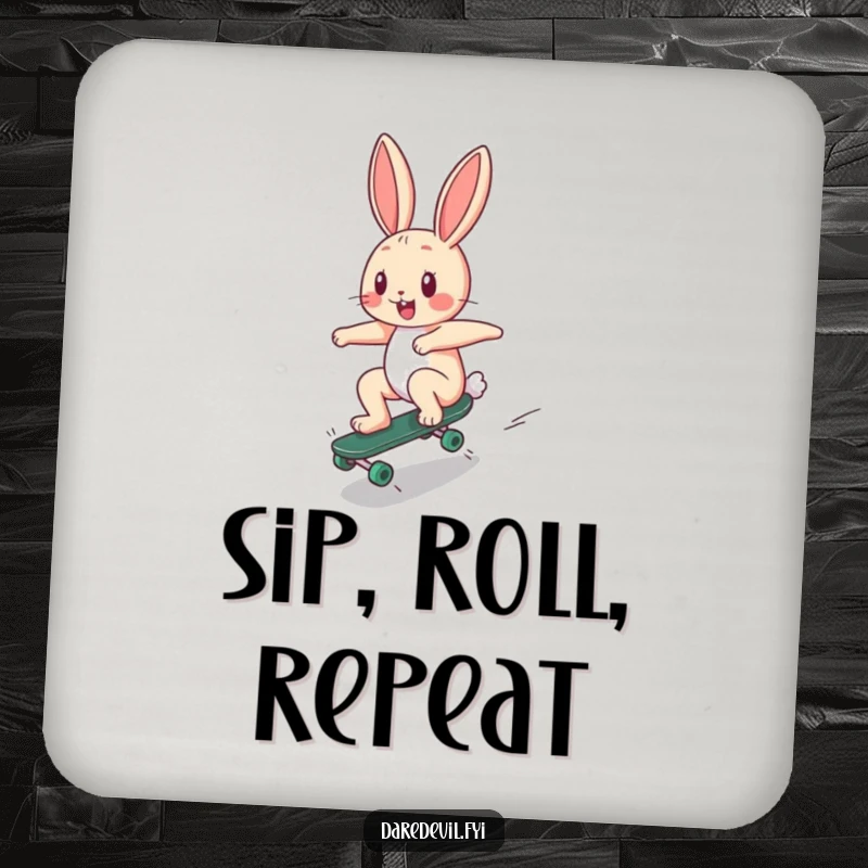 Funny Coaster: A happy bunny character zooms down a ramp on a tiny skateboard, a humorous coaster for your tabletop.