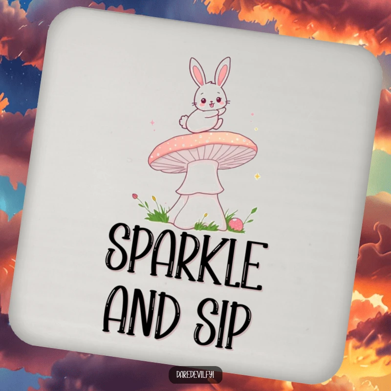 Funny bunny mushroom drink coaster with a fluffy bunny leaping over a sparkly mushroom, adding humorous and magical protection to drink surfaces.