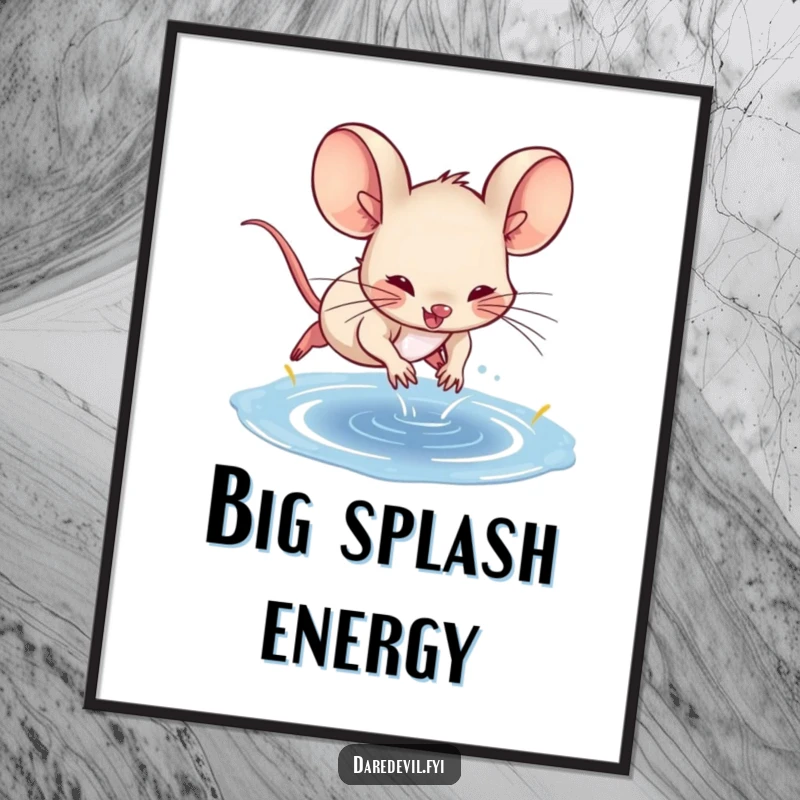 Funny spunky mouse captured mid-dive into a puddle, showcased as vibrant, humorous digital art on a poster.
