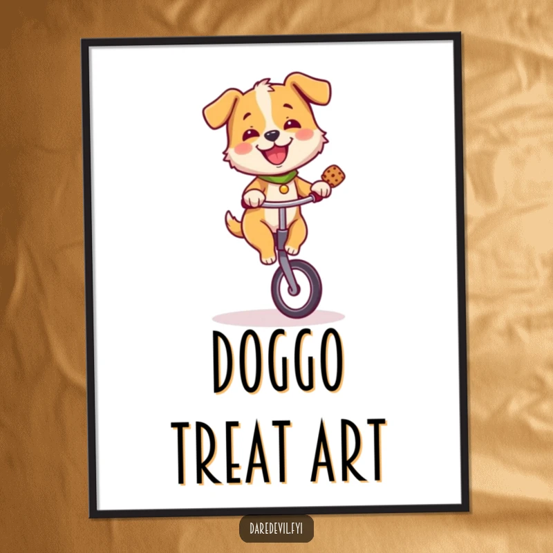 Funny dog character riding a unicycle while balancing a treat, making for humorous and eye-catching wall art.