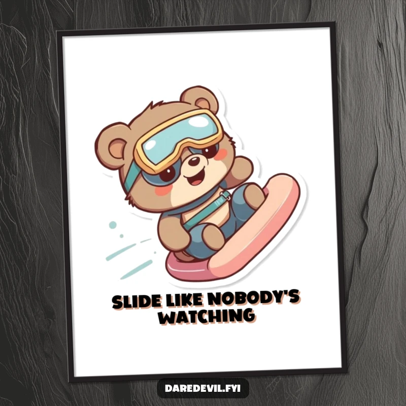 Funny bear wearing goggles speeding down a slide, capturing a moment of thrilling fun for a funny poster.
