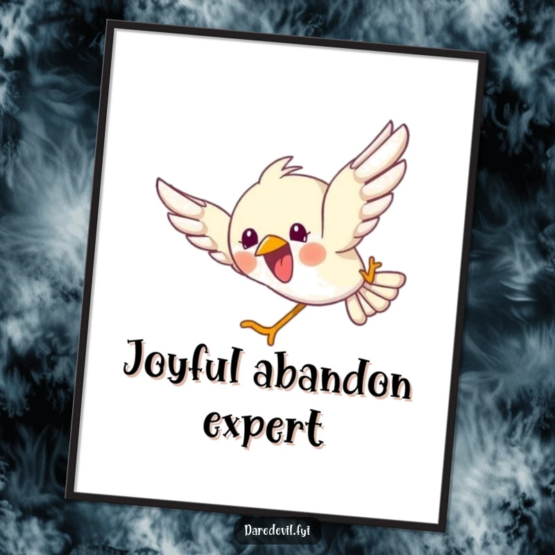 Funny poster print of a bird joyfully diving headfirst with its wings spread, capturing a moment of pure, uninhibited exhilaration.