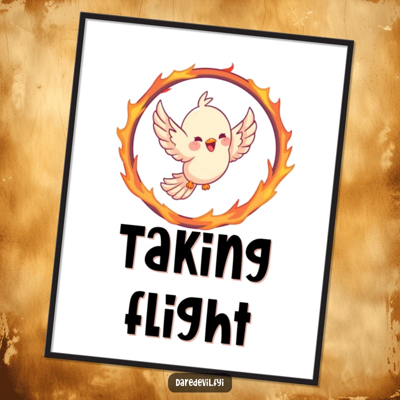 Funny bird poster capturing a joyful bird soaring through a hoop shaped like a fiery ring, wings spread in a majestic flight.