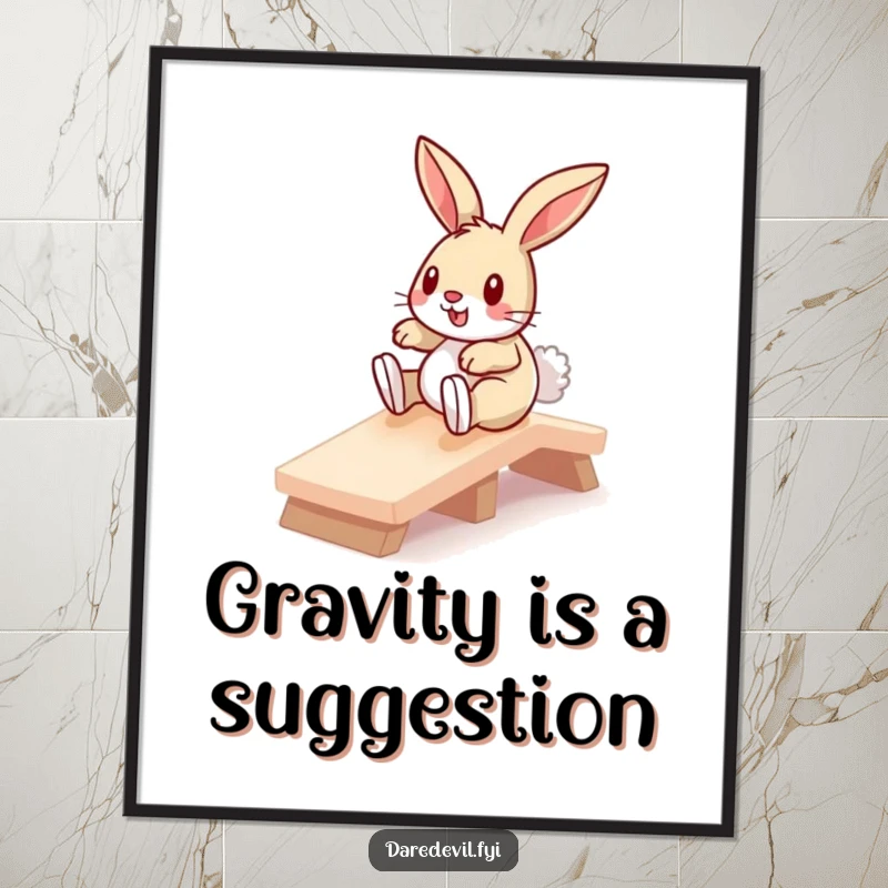 Funny bunny fearlessly sliding down a miniature ramp, captured in a vibrant, high-resolution poster print for humorous wall art.