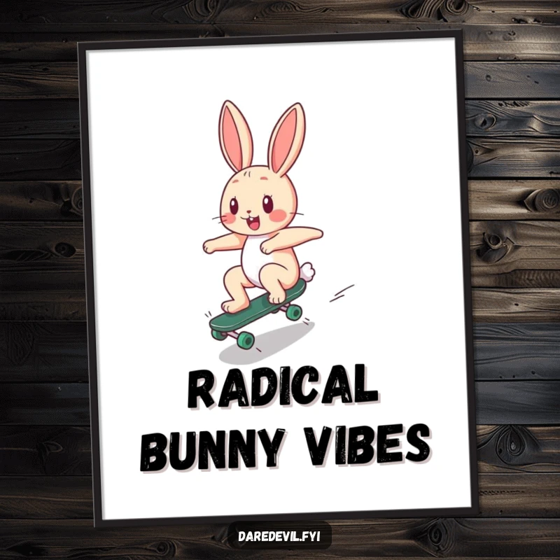 Funny Poster: A happy bunny character is speeding down a ramp on a tiny skateboard, a dynamic and humorous sports art.