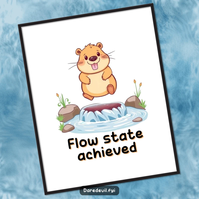 Funny poster captures a happy capybara mid-air, bravely jumping over a small, flowing river, adding whimsical art.