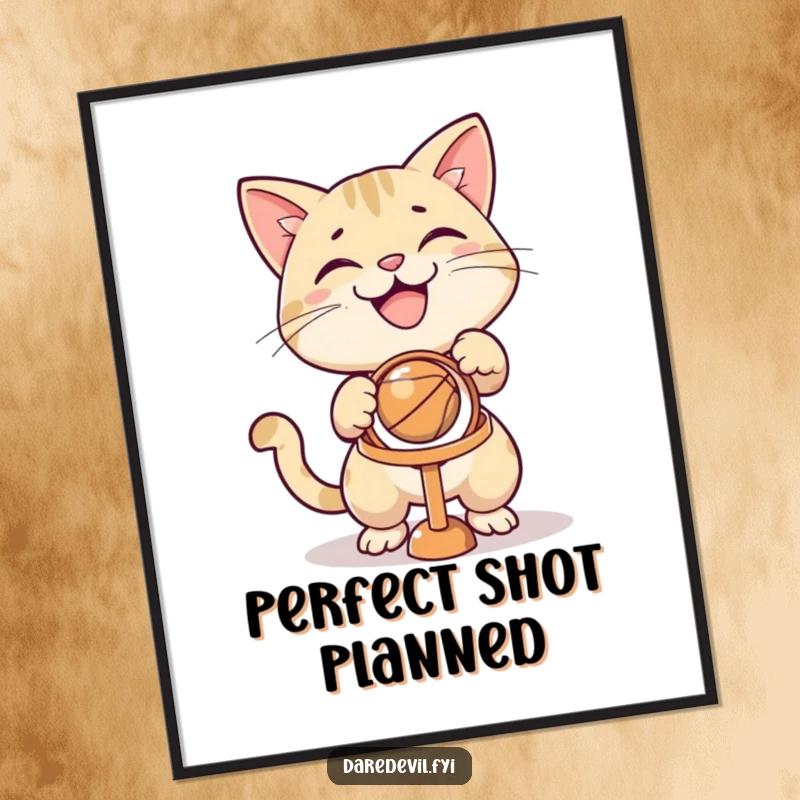 Funny grinning cat concentrating on aiming a ball towards a tiny hoop, depicted as vibrant wall art.