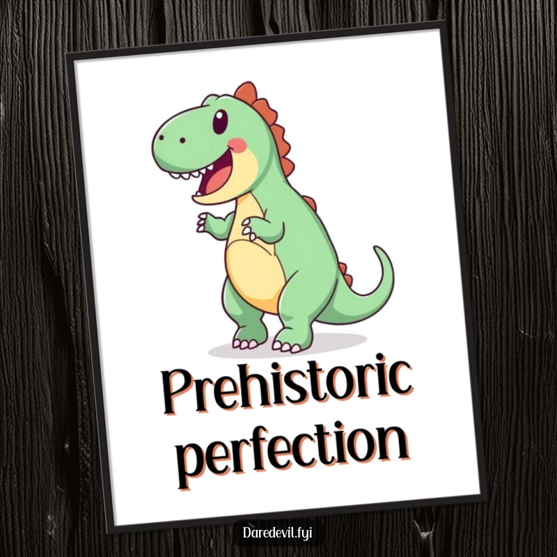 Funny poster captures a joyful dinosaur attempting a backward somersault with enthusiasm, adding energetic art.