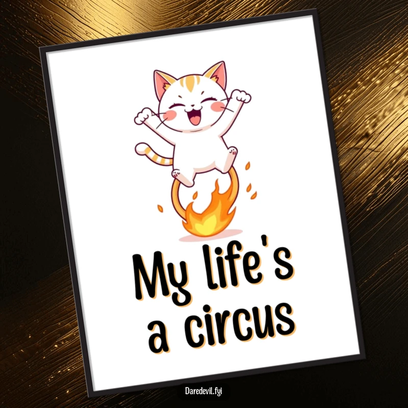 Funny poster showcasing a mischievous cat gracefully leaping over a bright, fiery hoop with an expression of utter delight.