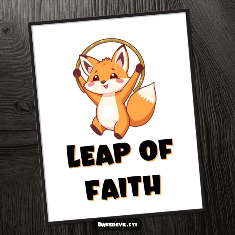 Funny fox leaping dynamically through a hoop held high, captured in a vibrant, high-resolution poster print.