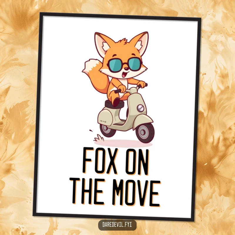 Funny Poster: A mischievous fox character leaps dramatically over a small gap on a scooter, a thrilling and humorous sports art.
