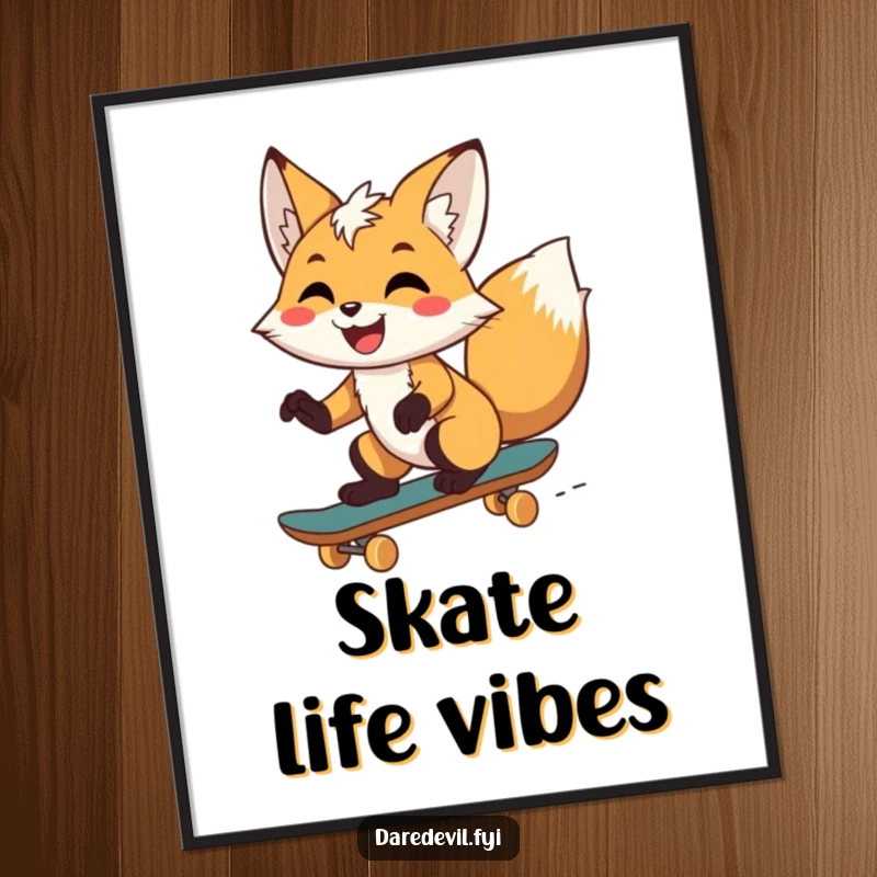 Funny fox in motion on a skateboard, wide grin, conveying speed and pure exhilaration, ideal for wall art and funny gifts.