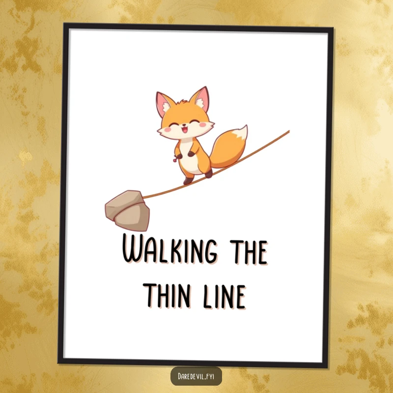 Funny Fox Poster: A joyful fox character is depicted expertly balancing on a single, thin tightrope, exuding confidence and charm.