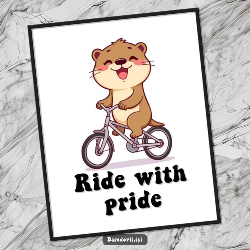 Funny otter with a triumphant grin rides a small bicycle, bringing cheer to any room as funny art.