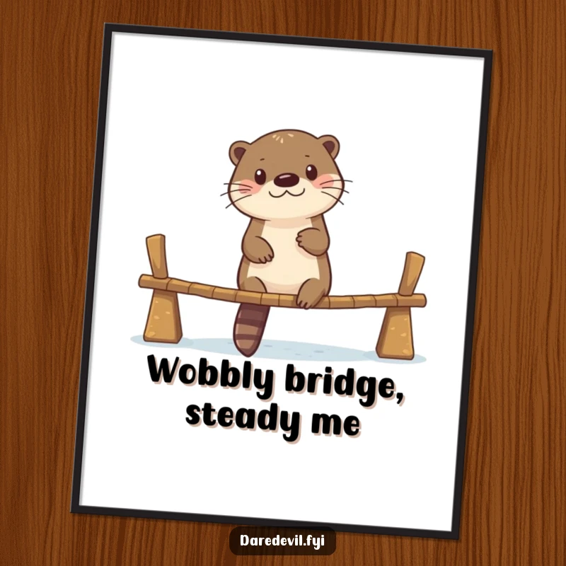 Funny poster print of a confident otter masterfully navigating a narrow, unstable wooden bridge with daring skill.