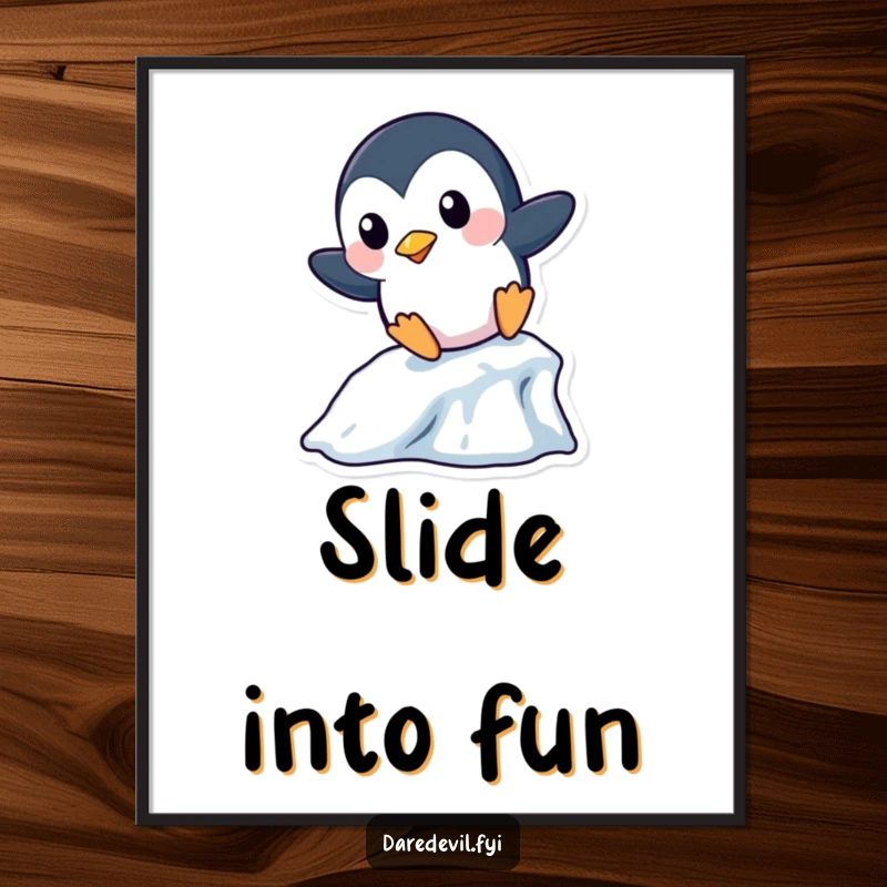Funny Penguin Poster: A playful penguin character boldly slides down a miniature icicle, creating humorous and charming winter wall art.