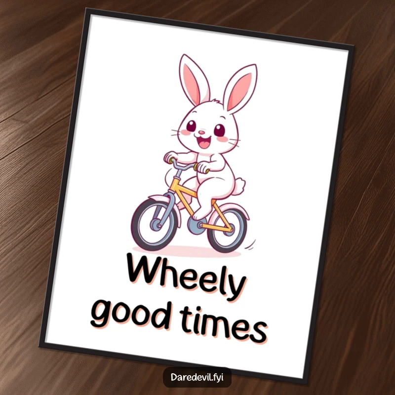 Funny rabbit poster showing a cheerful bunny with a wide smile riding a fast bicycle, bringing joy to walls.