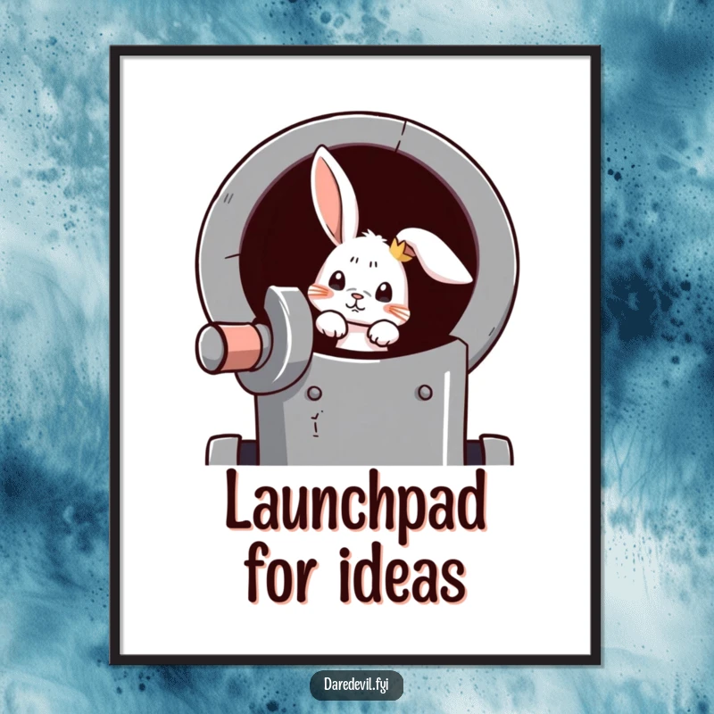 Funny rabbit poster art of a curious rabbit peeking out of a cannon, anticipating an exciting launch.