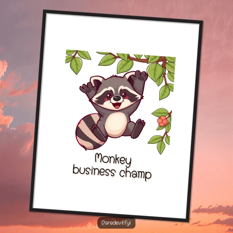 Funny poster capturing a raccoon mid-swing from a vine with pure exhilaration, adding dynamic energy to any room.